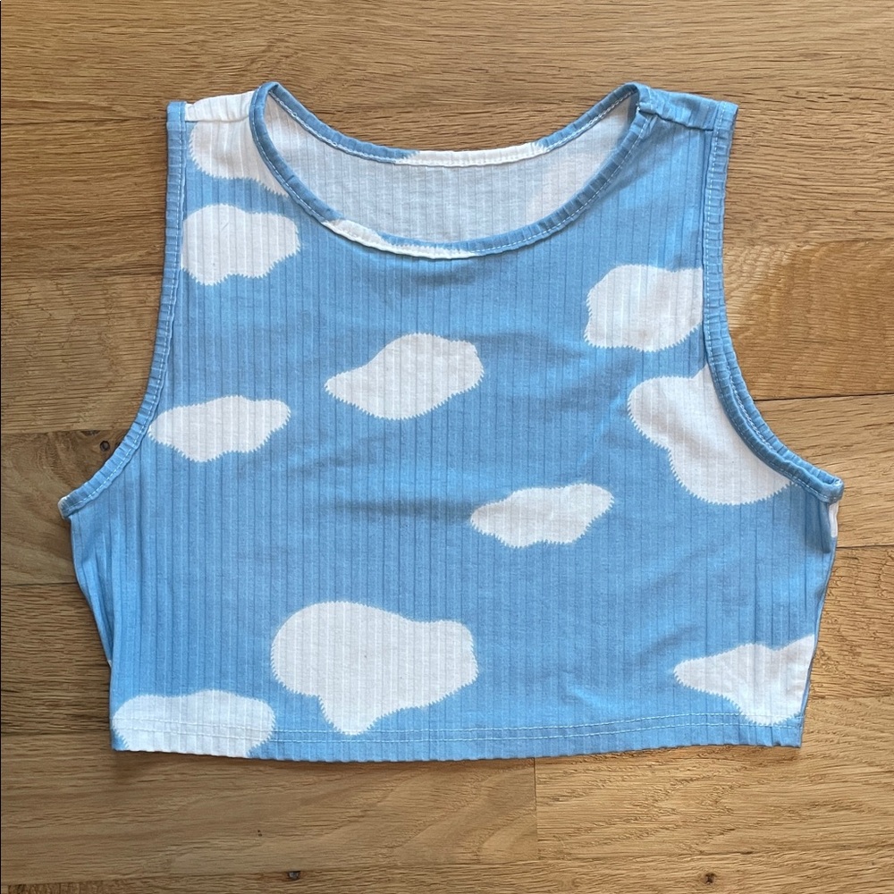 Blue and White Cloud Print Crop Top